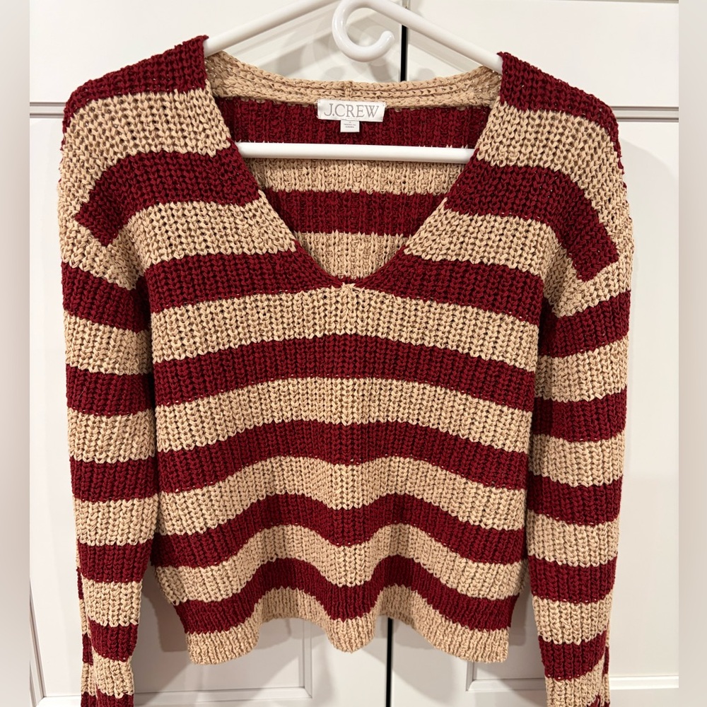 J. Crew V-Neck Sweater - Burgundy and Beige Stripes